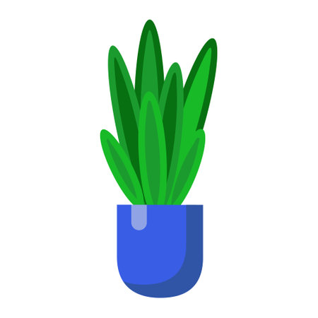 Vector illustration; flower pot with home green plant with long leaves in blue pot; home potted plant; indoor plant. Concept of domestic greeneryのイラスト素材
