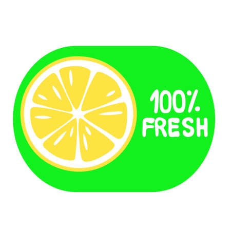 100% fresh label. Slice of lemon on the green background.のイラスト素材