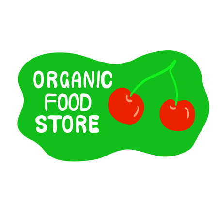 Organic food store label. Green abstract illustration with cherry.のイラスト素材
