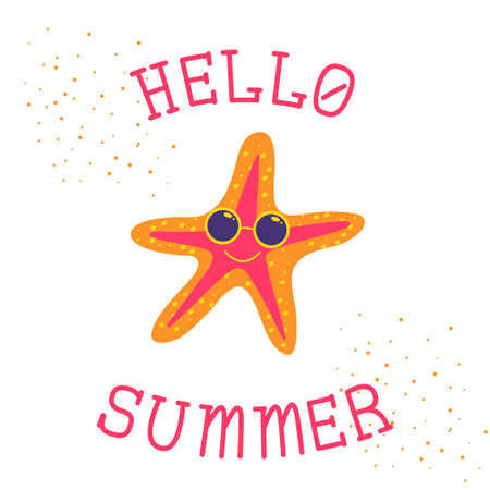 Hello summer handwritten quote and cartoon starfish wearing sunglasses. Vector illustration for the design of postcards, t-shirts, summer souvenirsのイラスト素材