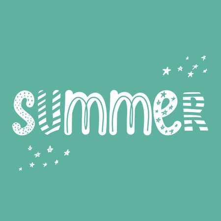 Hand lettering design for postcard, t shirt or summer sale. Hand Drawn white lettering on the green background with stars and triangles. Vector illustration for summer prints and bannersのイラスト素材