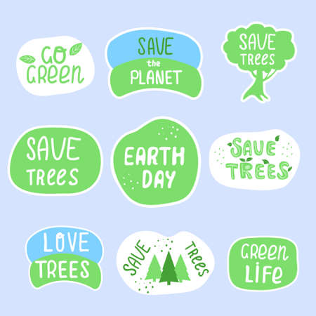 Set of ecological stickers, labels with inskription Earth Day, Save the Planet, Go Green, Save Trees. Hand drawn ecology lettering, design poster, t shirt design, sticker, emblem, bannerのイラスト素材