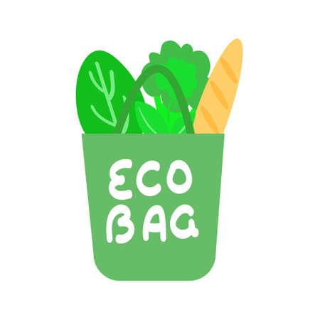 Eco bag badge, label - healthy food products in eco bag. Zero Weist Concept, Healthy Eating Concept, Environmental Protection Conceptのイラスト素材