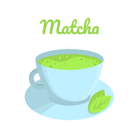 Blue cup and saucer with green matcha tea. two leaves on a saucer. Vector illustrationのイラスト素材