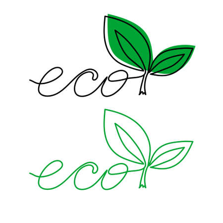One continuous line, hand lettering ECO and sprout. Line art, environmental protection concept, Environment Day, Earth Day, ecological conceptのイラスト素材