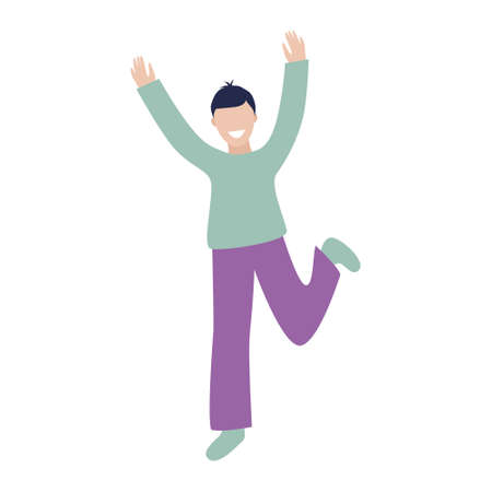 Guy jumping on one leg. Man runs with his hands up. Joyful event, good luck, happinessのイラスト素材