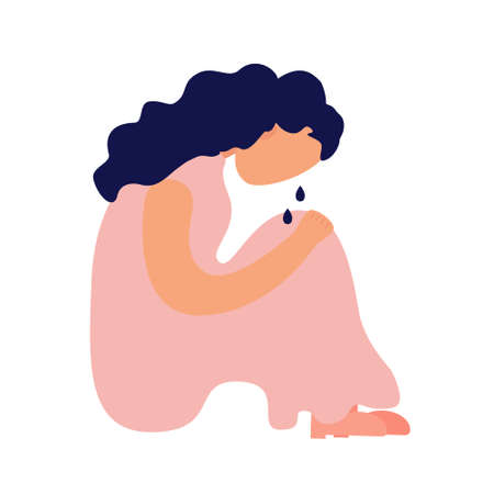 Woman crying sitting on the floor with her hands clasping her kneesのイラスト素材