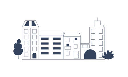 Contour houses and trees in a row. House with an arch. Outline vector illustrationのイラスト素材