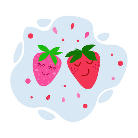 Couple of smiling funny strawberries. Enamored characters. Strawberries in love. Postcard, printのイラスト素材