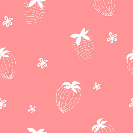Strawberry seamless pattern. White outline berries on pink background. Food illustration. Textile...