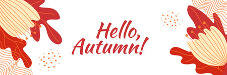 Autumn background with leaves, flowers and abstract shapes. Hello, Autumn. Template for poster, banner, flyer, greeting cardのイラスト素材