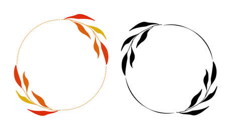 Minimalist round floral hand drawn frames with brunch, leaves wreathのイラスト素材