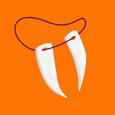 Animal teeth necklace. Fangs on a cord on orange background. Magic amulet, Halloween decoration elementのイラスト素材