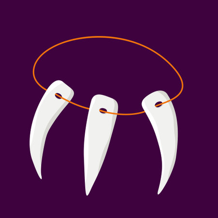 Animal teeth necklace. Fangs on a lace on a purple background. Mystical witchcraft amulet, halloween decor elementのイラスト素材