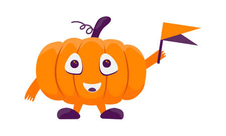 Cartoon pumpkin for Halloween with a flag in his hands. The character. Halloween design elementのイラスト素材
