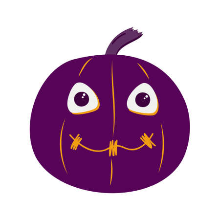 Funny purple pumpkin with a sewn-up mouth. Halloween characterのイラスト素材