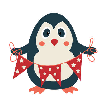Cartoon penguin holding a rope with holyday flags in its wings.のイラスト素材