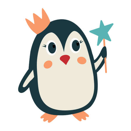 Penguin princess wearing a crown and a star on a stick. Magic Christmas penguin characterのイラスト素材