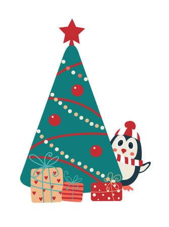 Winter greeting card with a Christmas tree, gifts, and a penguin in a hat and scarf, waving a wing. Cartoon characterのイラスト素材