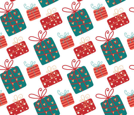 Gift boxes seamless pattern. Festive pattern with doodle illustrations. New year, Christmas wallpaperのイラスト素材