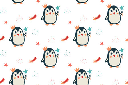 Penguin princess with magic wand, shooting star. Seamless magic children patternのイラスト素材