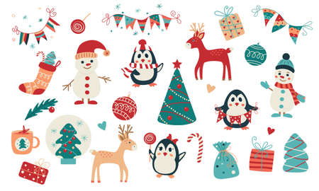 Hand drawn Christmas and New Year set seasonal elements and cute animalのイラスト素材
