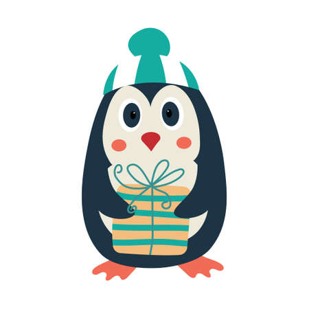 Penguin in a hat with a pompon and with a gift in his wings-hands. Cartoon charicter. Vector hand drawn illustrationのイラスト素材
