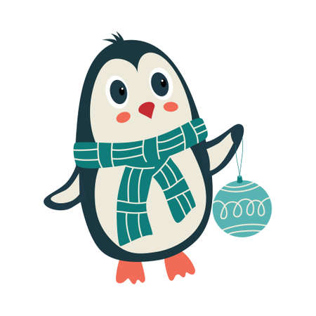 Penguin in a scarf and a Christmas ball in a wing-hand. Christmas and New Year vector illustration. Cartoon characterのイラスト素材