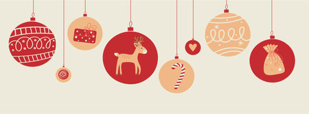 Christmas and New Year banner or card with tree balls. Red and beige colors holiday decorationのイラスト素材