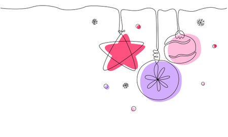 One continuous line hanging star and balls, snowflakes and confetti. Line art winter illustration with abstract shapesのイラスト素材