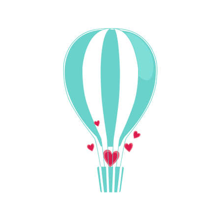 Light blue hot air balloon with stripes and fly hearts. Valentine day design. Love aerostat, wedding, transport clip artのイラスト素材