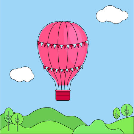 Pink aerostat with flags flies in the sky among the clouds above the hills and trees. Card with cartoon aerostatic balloonのイラスト素材