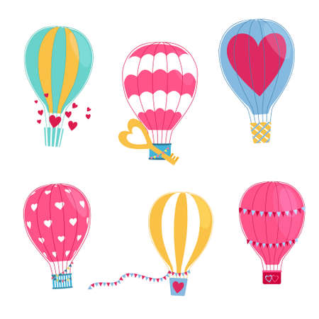 A set of aerostat for Valentine Day. Hot air balloons with hearts, flags and keys. Design elements for February 14のイラスト素材