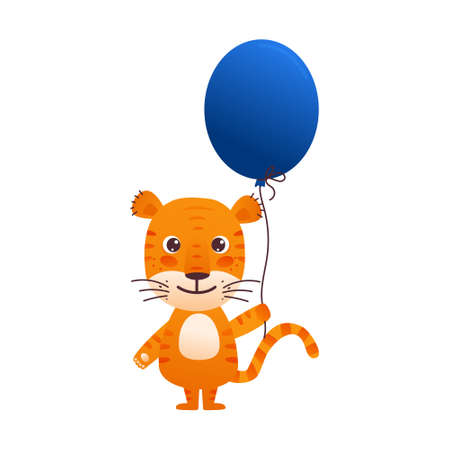 Cute cartoon tiger with a balloon in his paws. Design of happy birthday cards, sketches, greeting posters, t-shirts. cups, notebooksのイラスト素材