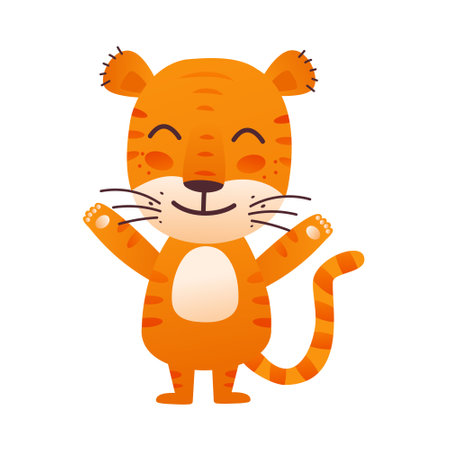 Happy smiling tiger with closed eyes raised paws in greeting. The symbol of the oriental new year 2022. Prints for cups, posters, calendars, packaging, notebooks, t-shirtsのイラスト素材