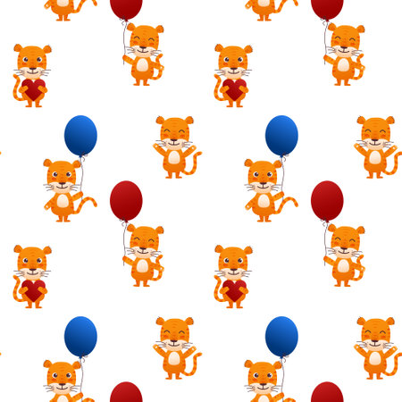 Cartoon tigers seamless pattern. Smiling tiger with a balloon, with a heart in its paws, raised paws. Design of childrens t-shirts, duvet cover, bed linen, curtains in a nurseryのイラスト素材