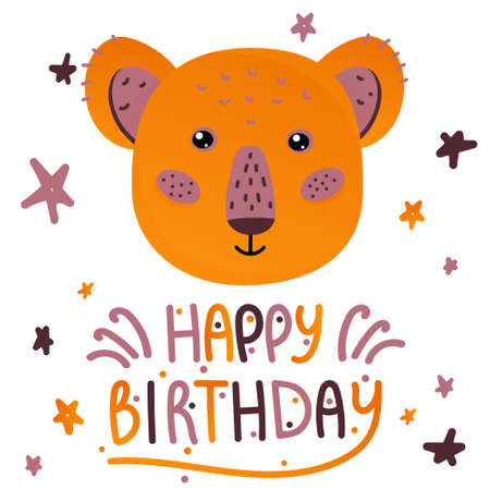 Cartoon lion head. Happy birthday greeting card with hand written text and doodle starsのイラスト素材