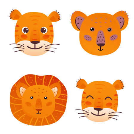 Set of cartoon heads of wild animals. Head of a lion, lioness, tiger with open and closed eyes. Design elements for childrens t-shirts, cups, posters, cardsのイラスト素材