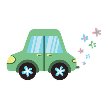 Cartoon chilish car with flowers instead exhaust gases. Decor for nursery, posters, cards. Earth Day, International Biodiesel Day illustrationのイラスト素材