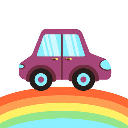 The childish, cartoon style car rides on the rainbow. For posters, cards, bedroom, t-shirts, nursery decor.のイラスト素材