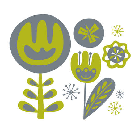 Flowers painted in ethno style. Decorative tulips, daisies, floral elements. Vector illustration for greeting card, banner, poster, home decorのイラスト素材