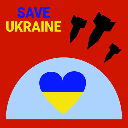 Heart in Ukrainian colors under the dome of protection from hostilities. Shells and bombs are flying into Ukraine. Save Ukrainian typographic text. Illustration on a red backgroundのイラスト素材