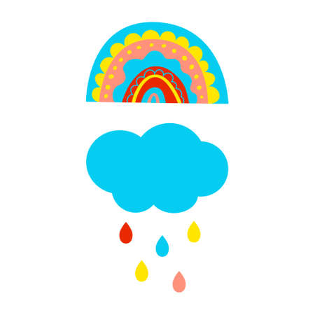 Baby cloud with colored rain drops and rainbow. Sweet nursery poster design. Childish simple Scandinavian styleのイラスト素材