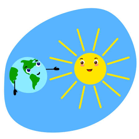 Cute smiling characters of the planet Earth and the star Sun. Illustration for Earth Day, Environment Day.のイラスト素材