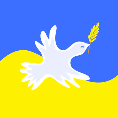 Dove of peace with an ear of wheat on the background of the Ukrainian flag. The concept of peace in Ukraineのイラスト素材