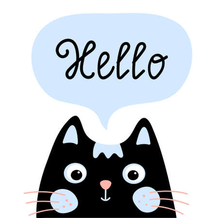 Cute kawaii black cat with speech bubble with hand written text Hello. Funny cartoon character. baby cardのイラスト素材