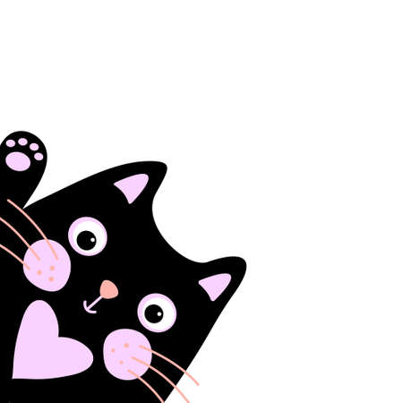 Cartoon black cat silhouette peeking around the corner. Kawaii cute cat with blush on cheeks and pink heart on chest, waving paw. Greeting card with copy space, posterのイラスト素材
