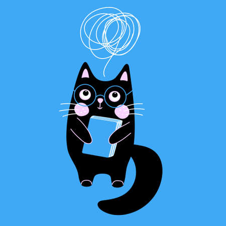 Black cat with glasses and a book in its paws. Thoughts in the form of a ball of threads above the head. Scientist cat. The concept of knowledge, study, teaching, science. World book dayのイラスト素材