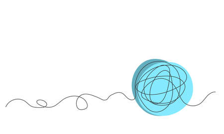 A ball of yarn in one continuous line with colored elements. Minimalist illustration of threads for knitting. Activities for the soul and relaxationのイラスト素材