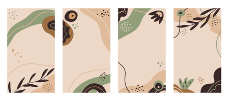 Social media stories set in earth tones. Vertical background template with copy space for text and organic shapes and natural elements, with branches and bushesのイラスト素材